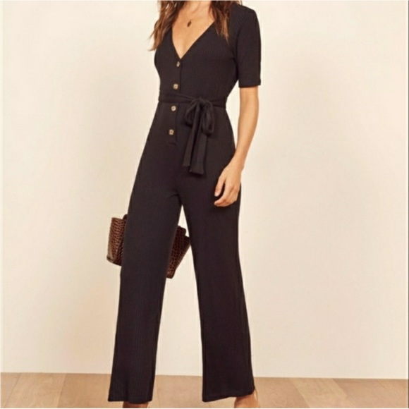 Reformation Jeans Black Camille Ribbed Knit Jumpsuit Size large - Picture 2 of 15